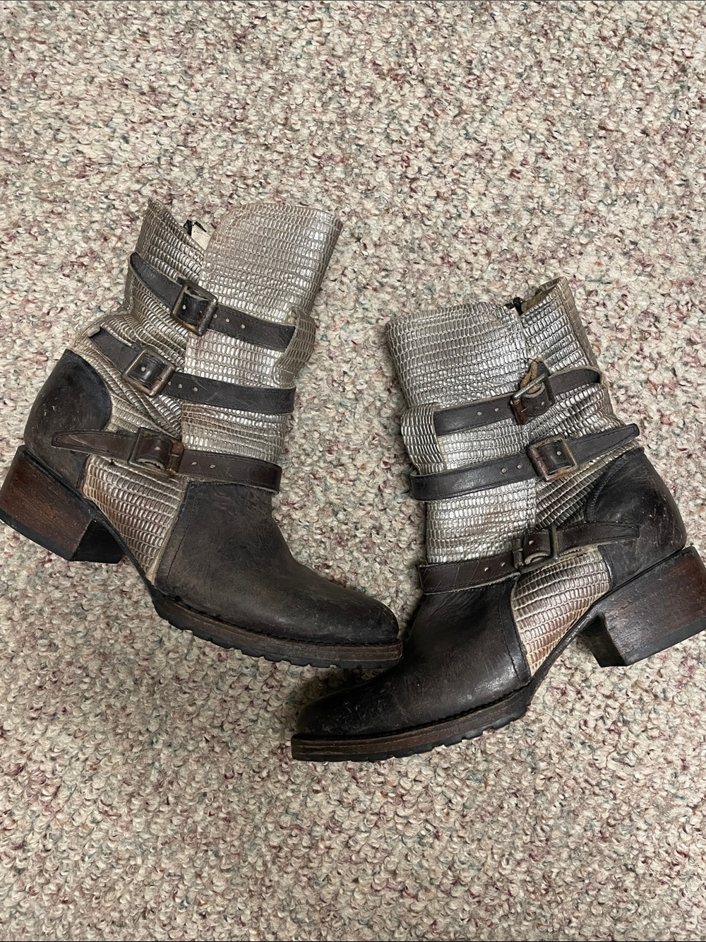 Freebird by Steven tri-strap heeled distressed moto style short boots